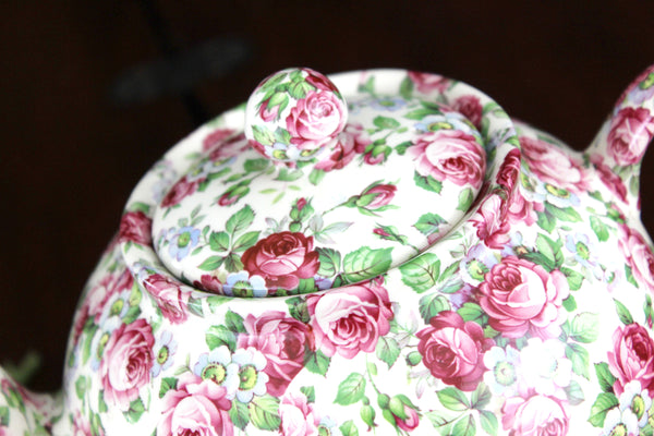 Heron Cross Chintz Tea Pot, Pink Roses Teapot, Pot Bellied, 4 Cup Pot