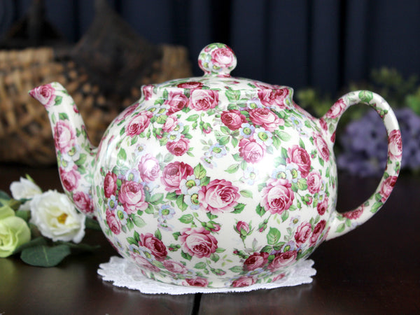 Heron Cross Chintz Tea Pot, Pink Roses Teapot, Pot Bellied, 4 Cup Pot 18337