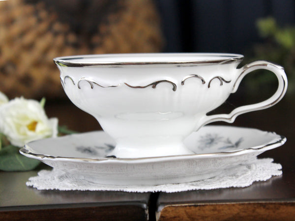 Teacup & Saucer, Silver Florals and Trim, Tea Cup, Bavaria 18338