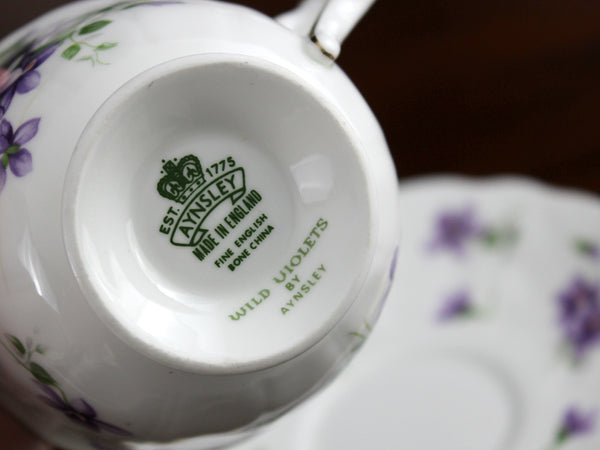Aynsley Violets Tea Cup, Teacup and Saucer, Crocus Shaped, English Bone China 18362