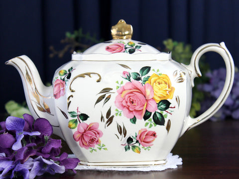 Sadler Cube Teapot, Pink & Yellow, Cabbage Roses Motif, 1930s 18433