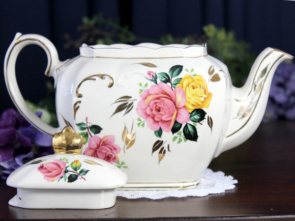 Sadler Cube Teapot, Pink & Yellow, Cabbage Roses Motif, 1930s 18433