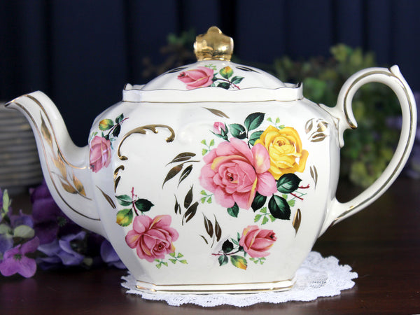 Sadler Cube Teapot, Pink & Yellow, Cabbage Roses Motif, 1930s 18433