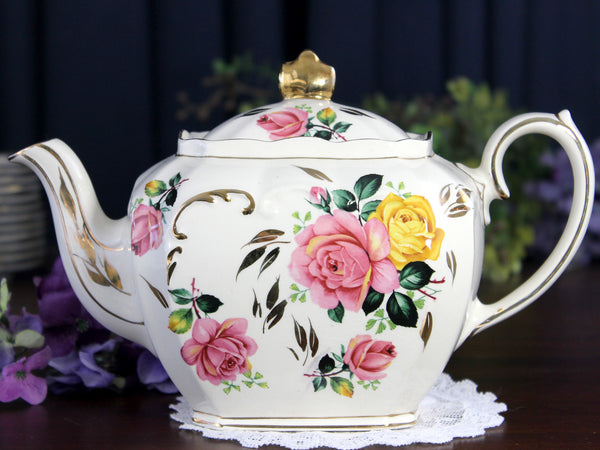 Sadler Cube Teapot, Pink & Yellow, Cabbage Roses Motif, 1930s 18433