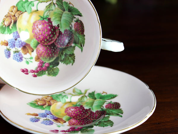 Royal Grafton Tea Cup & Saucer, Wide Mouth, Pink Base, Fruit Motif  18438