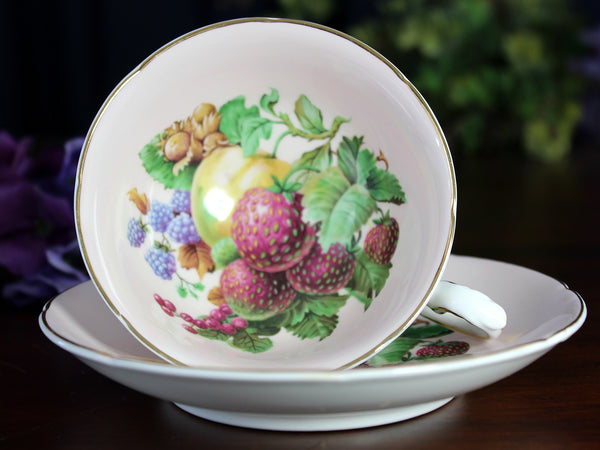 Royal Grafton Tea Cup & Saucer, Wide Mouth, Pink Base, Fruit Motif  18438