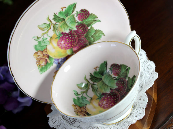 Royal Grafton Tea Cup & Saucer, Wide Mouth, Pink Base, Fruit Motif  18438