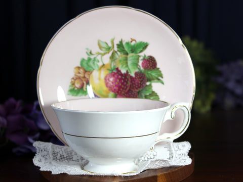 Royal Grafton Tea Cup & Saucer, Wide Mouth, Pink Base, Fruit Motif  18438