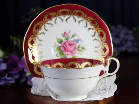 Aynsley Tea Cup, Teacup and Saucer, Burgundy Banding, Gilt Overlay 18453