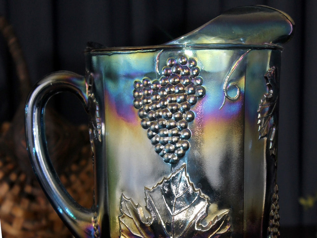 1950s-1960s INDIANA GLASS HANDMADE MILK GLASS PITCHER HARVEST GRAPE VINE  WITH ICE LIP AND SHORT PEDESTAL