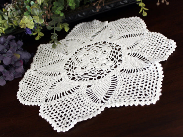 12 Inch Crochet Doily or Centerpiece, White Hand Crocheted, Pineapple Patterned, Vintage Doilies 17704 - The Vintage TeacupDOILIES