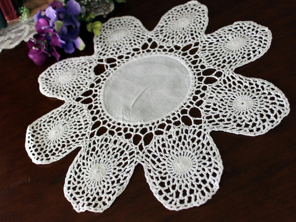 12 Inch Ornate Doily, Hand Crochet, Fancy Crocheted Centerpiece, Large White Linen Centered Doily 16474 - The Vintage TeacupDoilies