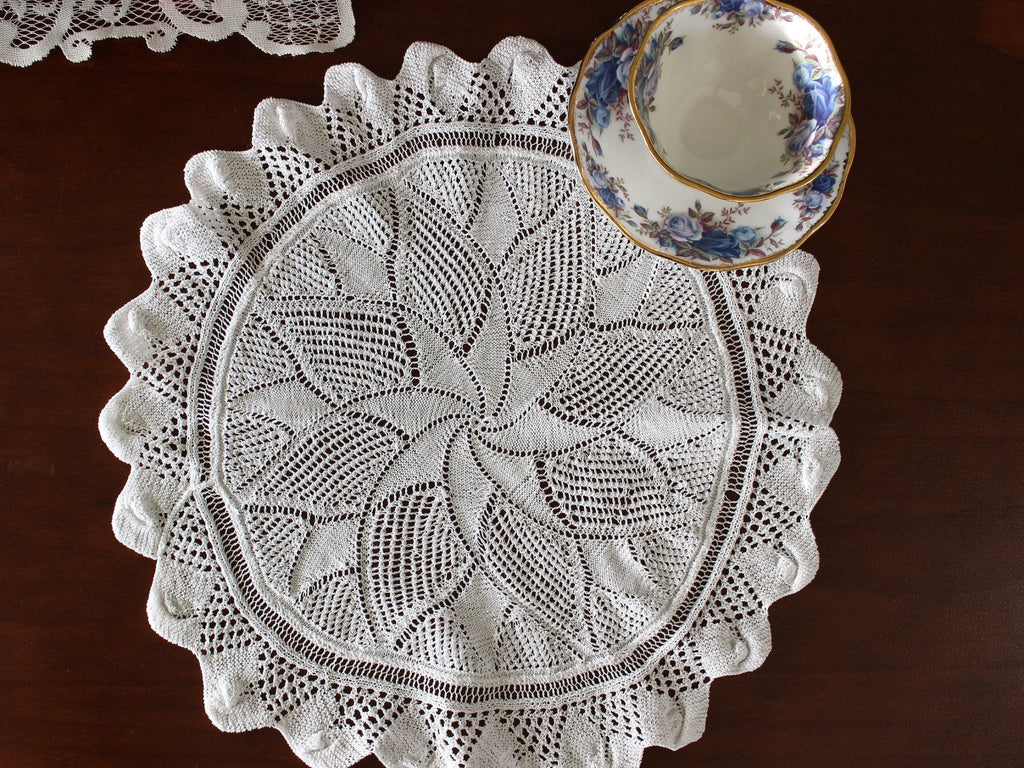 14 Inch White Knit Doily or Centerpiece, Spiral Patterned with Scalloped Edging 16176 - The Vintage TeacupDoilies