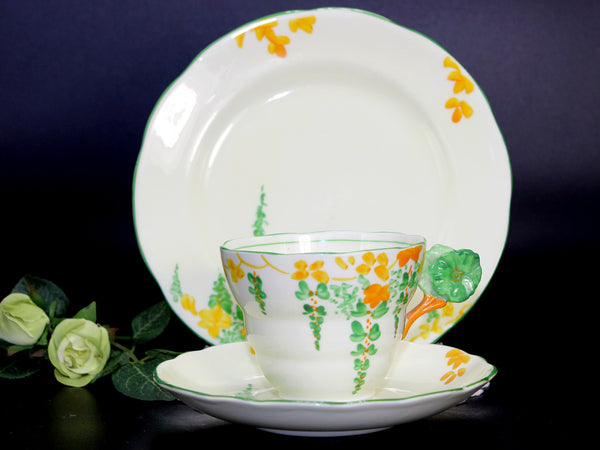 Lawley Trio Teacup, Flower Handle Tea Cup, Saucer & Side Plate, Art Deco English China 14220 - The Vintage Teacup