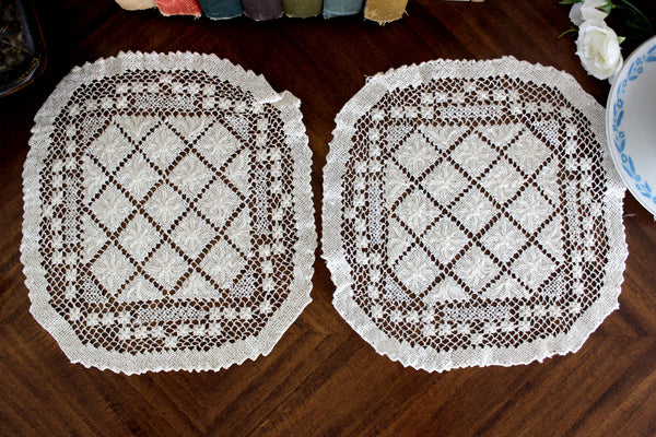2 Filet Lace Doilies, Filet Worked Lace, Needle Lace, Tray Cloth, Handmade Doilies 15553 - The Vintage Teacup