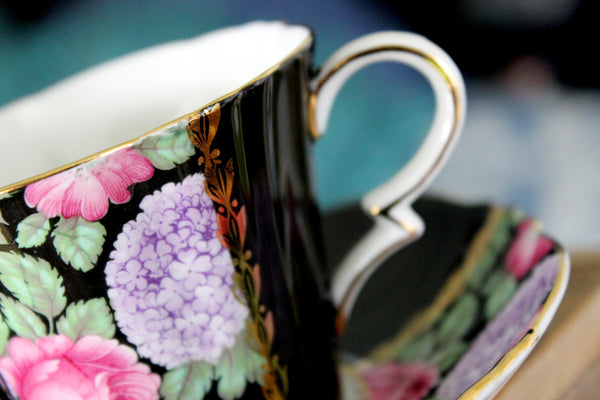 Royal Standard, Black Paneled Teacup, Stunning Chintz, Cup and Saucer 15811 - The Vintage Teacup