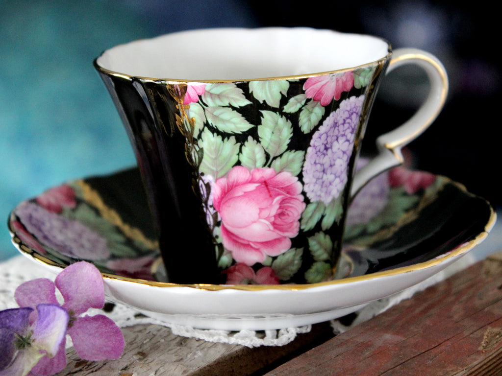 Royal Standard, Black Paneled Teacup, Stunning Chintz, Cup and Saucer 15811 - The Vintage Teacup