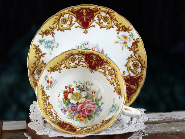 Grosvenor Balmoral, Biscuit & Burgundy Tea Cup & Saucer, Bone China 16688