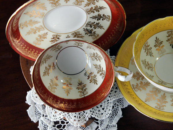 Two Royal Grafton Teacups, Wide Mouth, Gilt Overlay, Vintage Cups & Saucers 16820