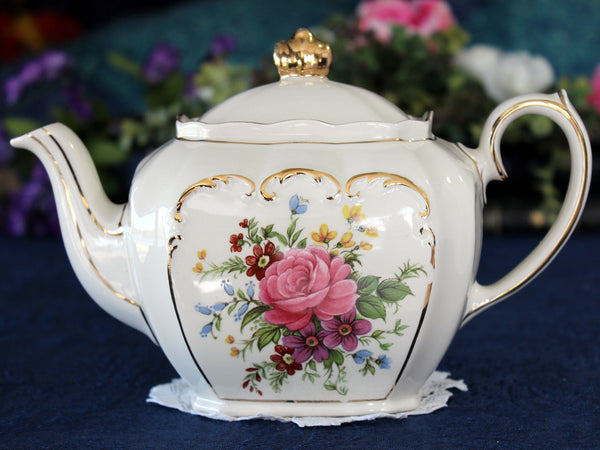 Sadler Cube Teapot, Pink Rose, 4 Cup Tea Pot, Roses & Scroll Gilding 17352