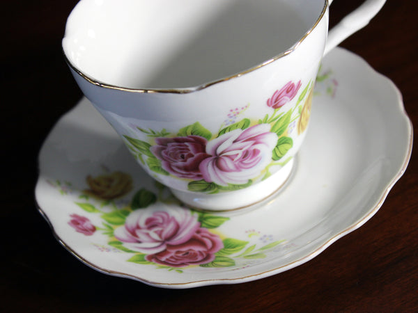 Made in China, Cup & Saucer, White with Pink Florals, Porcelain Teacup 17534