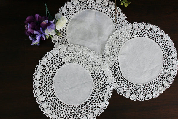 3 Crochet Doilies, Matching Doily Set, White Linen Centers, Handmade Doilies, 9 Inch, One Price 17590 - The Vintage TeacupDOILIES