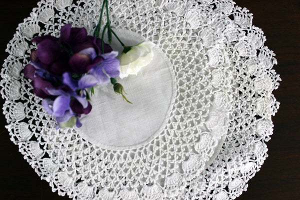 3 Crochet Doilies, Matching Doily Set, White Linen Centers, Handmade Doilies, 9 Inch, One Price 17590 - The Vintage TeacupDOILIES