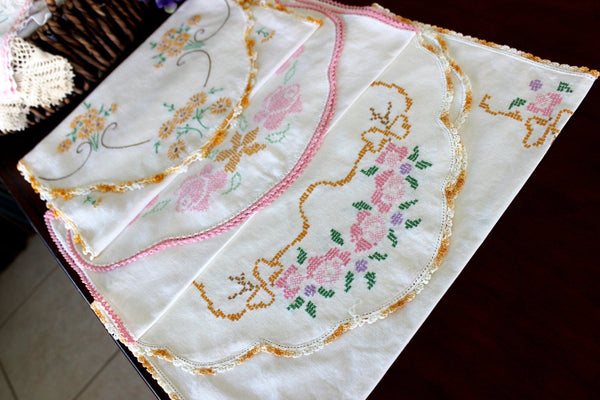 3 Embroidered Runners. Vintage Linens, Floral Motifs, Crochet Edging, White Linen 15716 - The Vintage TeacupTable Runners