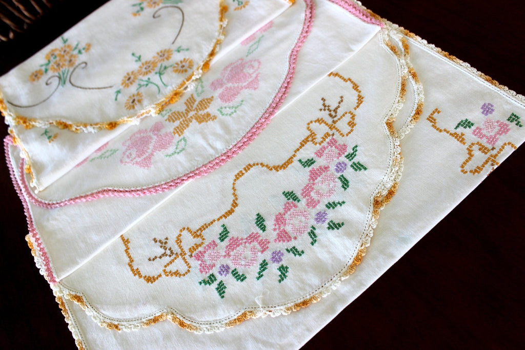 3 Embroidered Runners. Vintage Linens, Floral Motifs, Crochet Edging, White Linen 15716 - The Vintage TeacupTable Runners