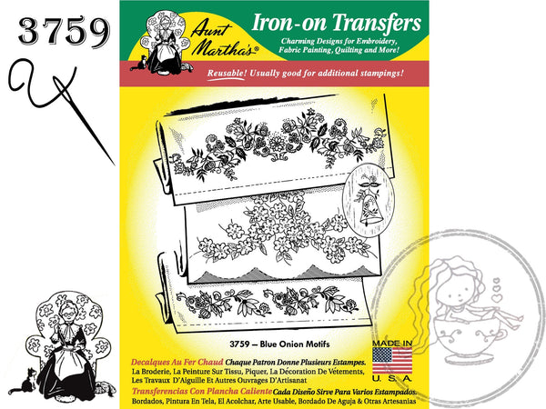 3759 Aunt Martha's® Vintage Embroidery, NEW Transfer Pattern, Hot Iron Transfers, Uncut, Unopened Transfers, Blue Onion Motifs - The Vintage TeacupHot Iron Transfers