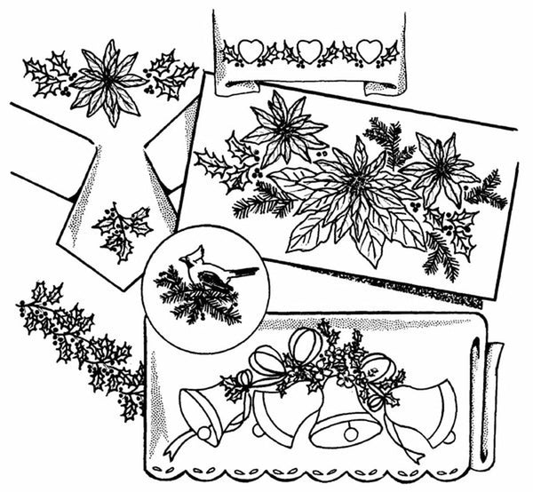 3858, Aunt Martha's®, Transfer Pattern, Poinsettias, Bells and Holly, Hot Iron Transfers, NEW Uncut, Unopened Transfers, Vintage Embroidery - The Vintage TeacupHot Iron Transfers