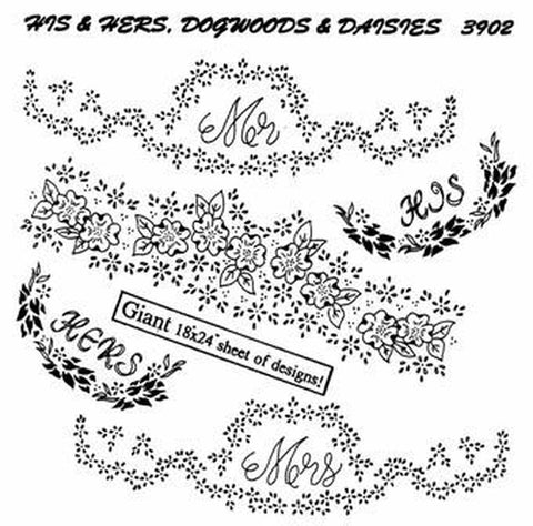 3902, Aunt Martha's® Vintage Embroidery, NEW Transfer Pattern, Hot Iron Transfers, His & Hers, Dogwoods Daisies - The Vintage TeacupHot Iron Transfers