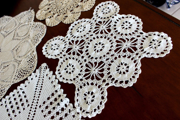 4 Vintage Crochet Doilies, White and Ecru Mix, Handmade Doily Lot 15701 - The Vintage TeacupDoilies