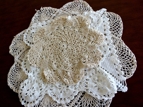 4 Vintage Crochet Doilies, White and Ecru Mix, Handmade Doily Lot 15701 - The Vintage TeacupDoilies