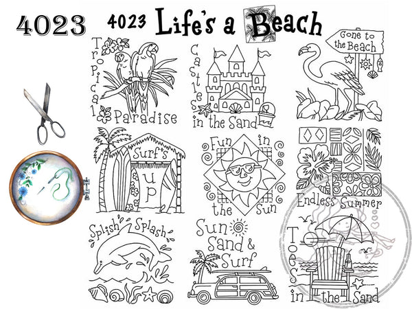 4023, Aunt Martha's®, Vintage Embroidery, Transfer Pattern, Hot Iron Transfers, NEW Uncut, Unopened Transfers, Life's a Beach - The Vintage TeacupHot Iron Transfers