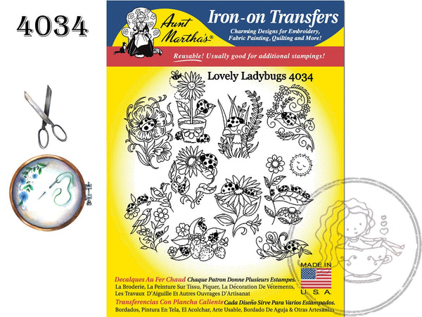 4034, Aunt Martha's®, Vintage Embroidery, Transfer Pattern, Hot Iron Transfers, NEW Uncut, Unopened Transfers, Lovely Ladybugs - The Vintage TeacupHot Iron Transfers