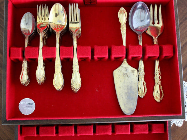 55 Piece Goldtone Flatware, Gold Tone Flat Ware Lot, Utensils, Korea, Vintage Cutlery in Box 15378 - The Vintage TeacupAntique & Vintage