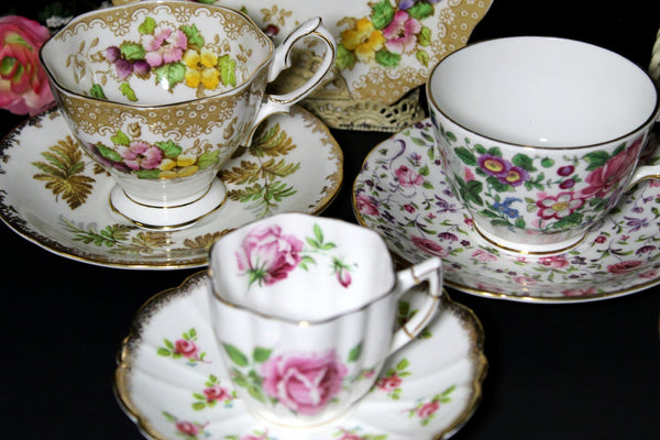 6 MISMATCHED Teacup Sets, Madhatter Tea Party, Six Cups and Saucers -J - The Vintage TeacupTeacups