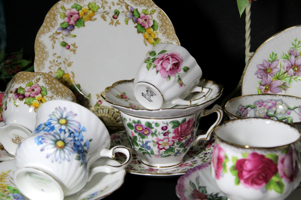 Tea Set for Six Pink Floral Tea Cups and Saucers Mismatched 