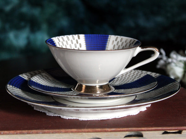 Bareuther Trio, Teacup,  Saucer & Side Plate, Blue Panels with Gilt Decoration, Bavaria -J