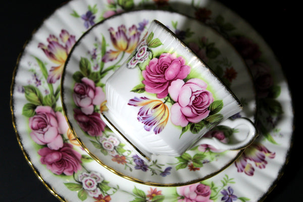 Royal Stafford "Elegance" Tea Cup, Saucer and Side Plate, Floral Teacup Trio, England -J