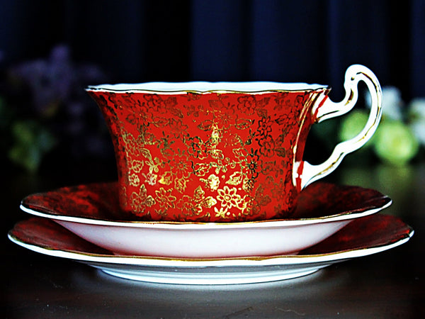 Adderley Teacup & Saucer, Vintage Tea Cup, Burgundy with Gilt Chintz Overlay 18150 - The Vintage TeacupTeacups