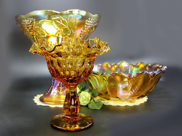 Amber Carnival Glass Lot, Compotes and Serving Bowl, Indiana Glass Serving Dishes 11227 - The Vintage TeacupAntique & Vintage