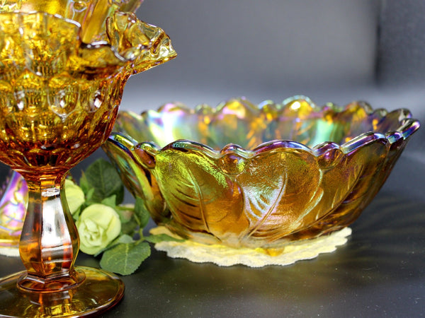 Amber Carnival Glass Lot, Compotes and Serving Bowl, Indiana Glass Serving Dishes 11227 - The Vintage TeacupAntique & Vintage