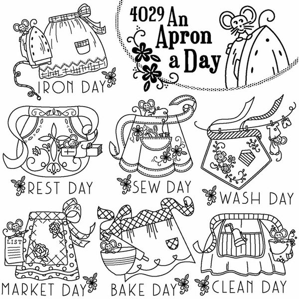 An Apron a Day, 4029, Transfer Pattern, Hot Iron Transfers, NEW Uncut, Unopened Transfers, Aunt Martha's®, Days of the Week Patterns - The Vintage TeacupHot Iron Transfers