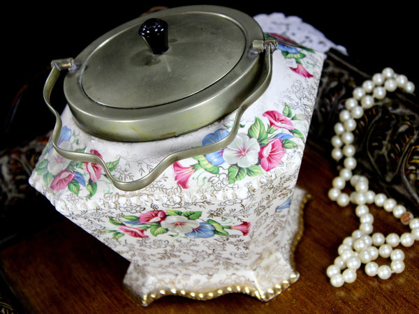 Antique Chintz James Kent Biscuit Jar, Old Foley EPNS Top & Bail Handle 12824 - The Vintage TeacupAccessories