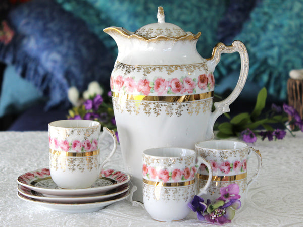 Antique Chocolate Pot, Coffee Pot, Shabby Pink Roses, Demitasse Cups & Saucers 16928 - The Vintage TeacupTeapots
