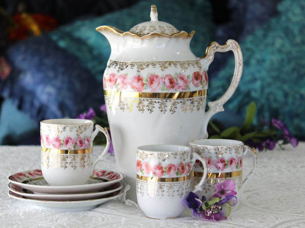 Antique Chocolate Pot Set With 4 Matching Tea Cup and Saucer, Hot Cocoa Tea  Pot, Coffee Pot Set, 3 Crown China of Germany, 1909 1916 