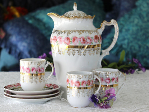 Antique Chocolate Pot, Coffee Pot, Shabby Pink Roses, Demitasse Cups & Saucers 16928 - The Vintage TeacupTeapots