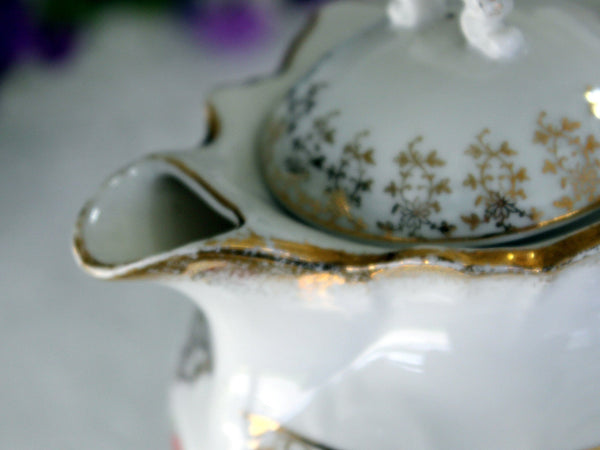 Antique Chocolate Pot, Coffee Pot, Shabby Pink Roses, Demitasse Cups & Saucers 16928 - The Vintage TeacupTeapots